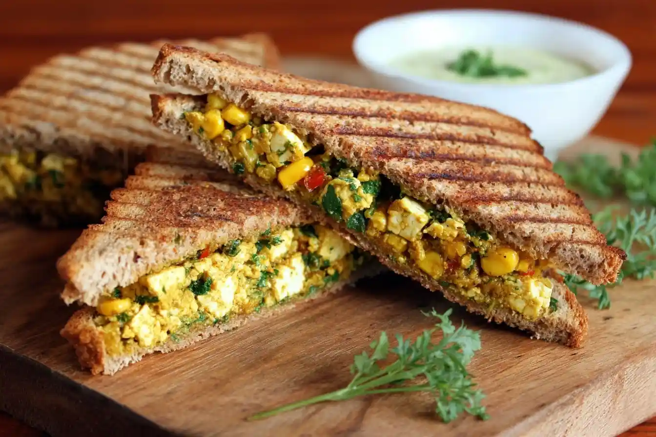 A grilled Paneer Sandwich cut in half, revealing a delicious filling of spiced paneer, corn, and fresh herbs on a wooden board.