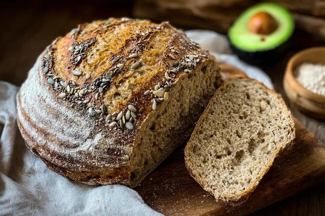 A rustic loaf of homemade sourdough bread topped with seeds, with one slice cut and resting on a wooden board.