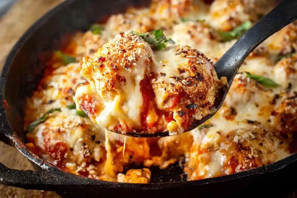 A close-up of a cheesy meatball bake being scooped from a black cast-iron skillet with a serving spoon.