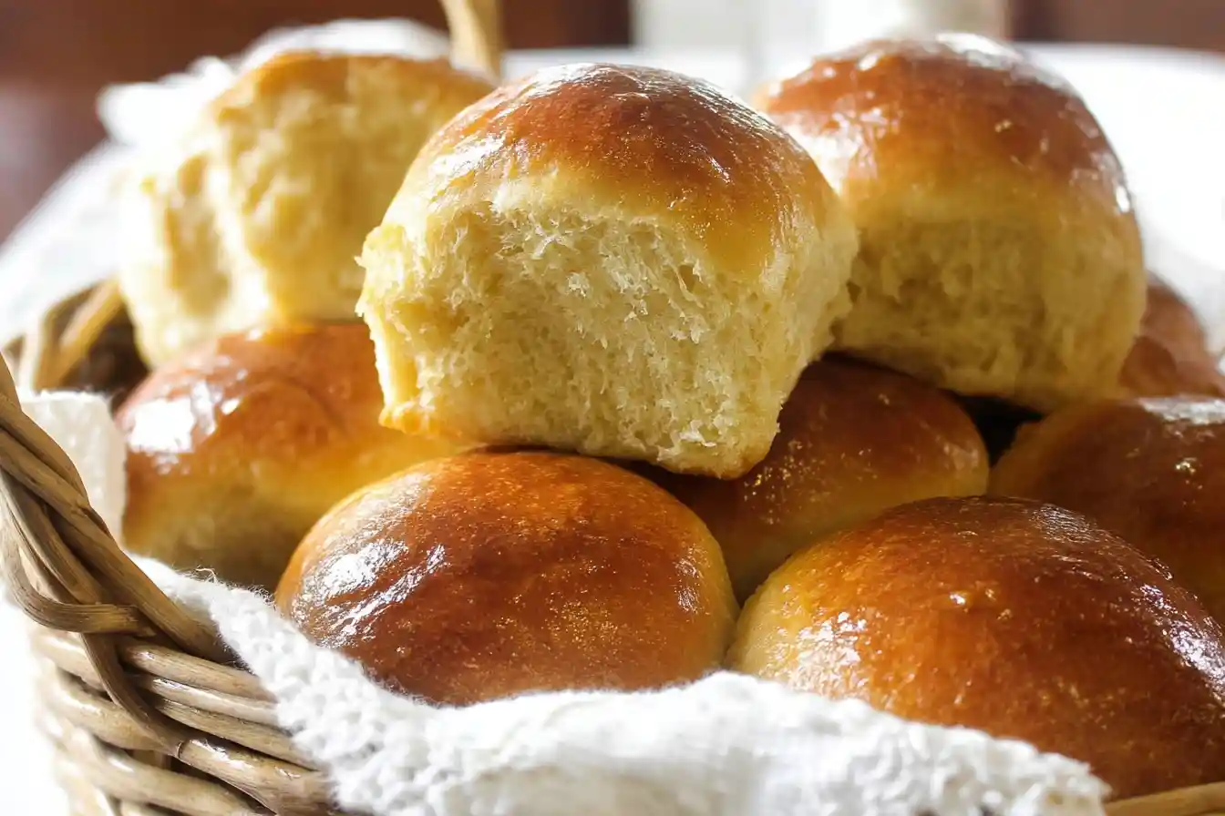 A close-up of warm, golden-brown {{ $('Fetch Recipe Data').first().json["Main Keyword"] }} piled high in a wicker basket, with one torn open to show the fluffy interior.