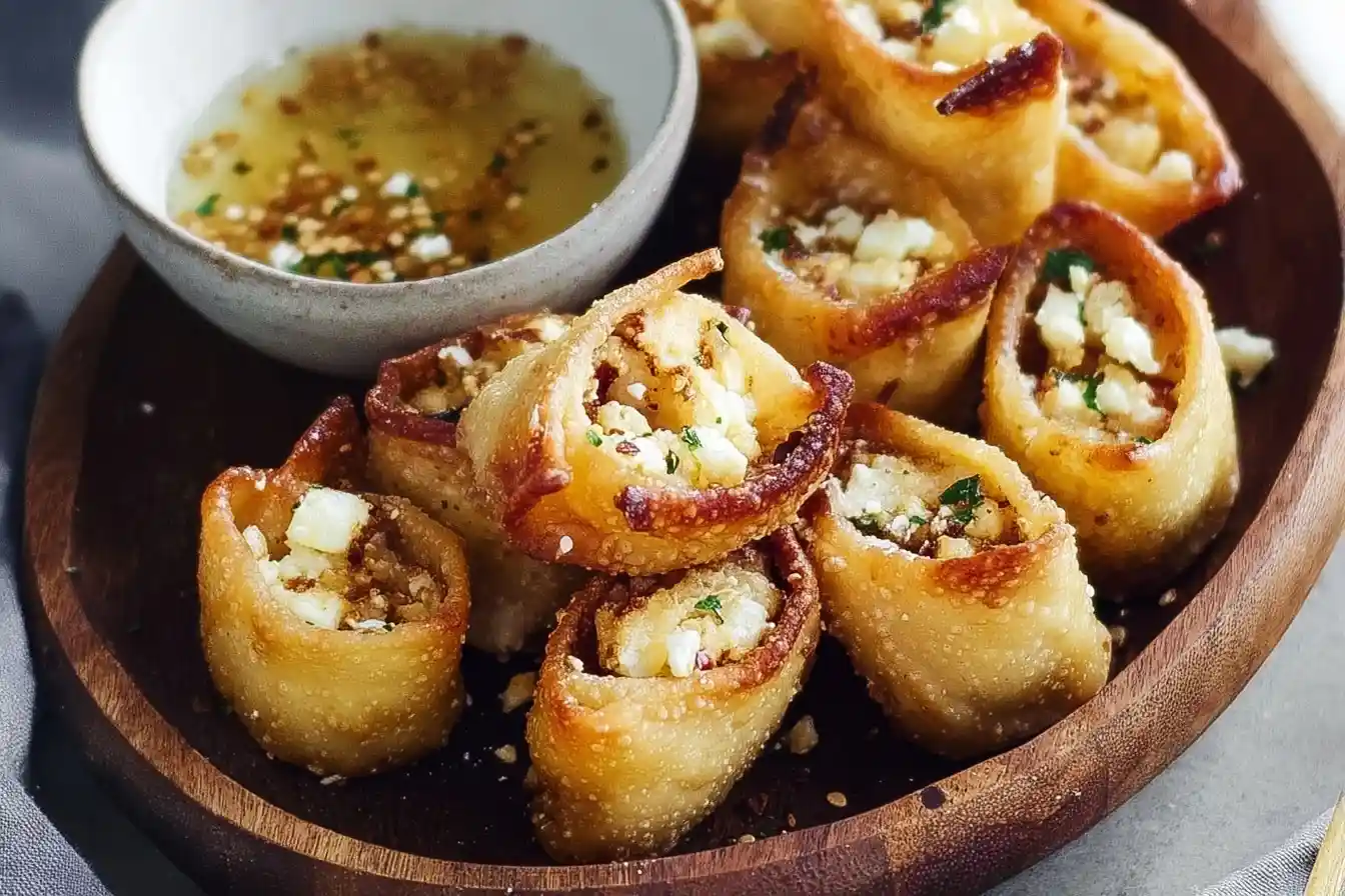 A close-up of crispy Fried Feta Rolls on a wooden plate, served with a small bowl of herbed oil and feta dipping sauce.