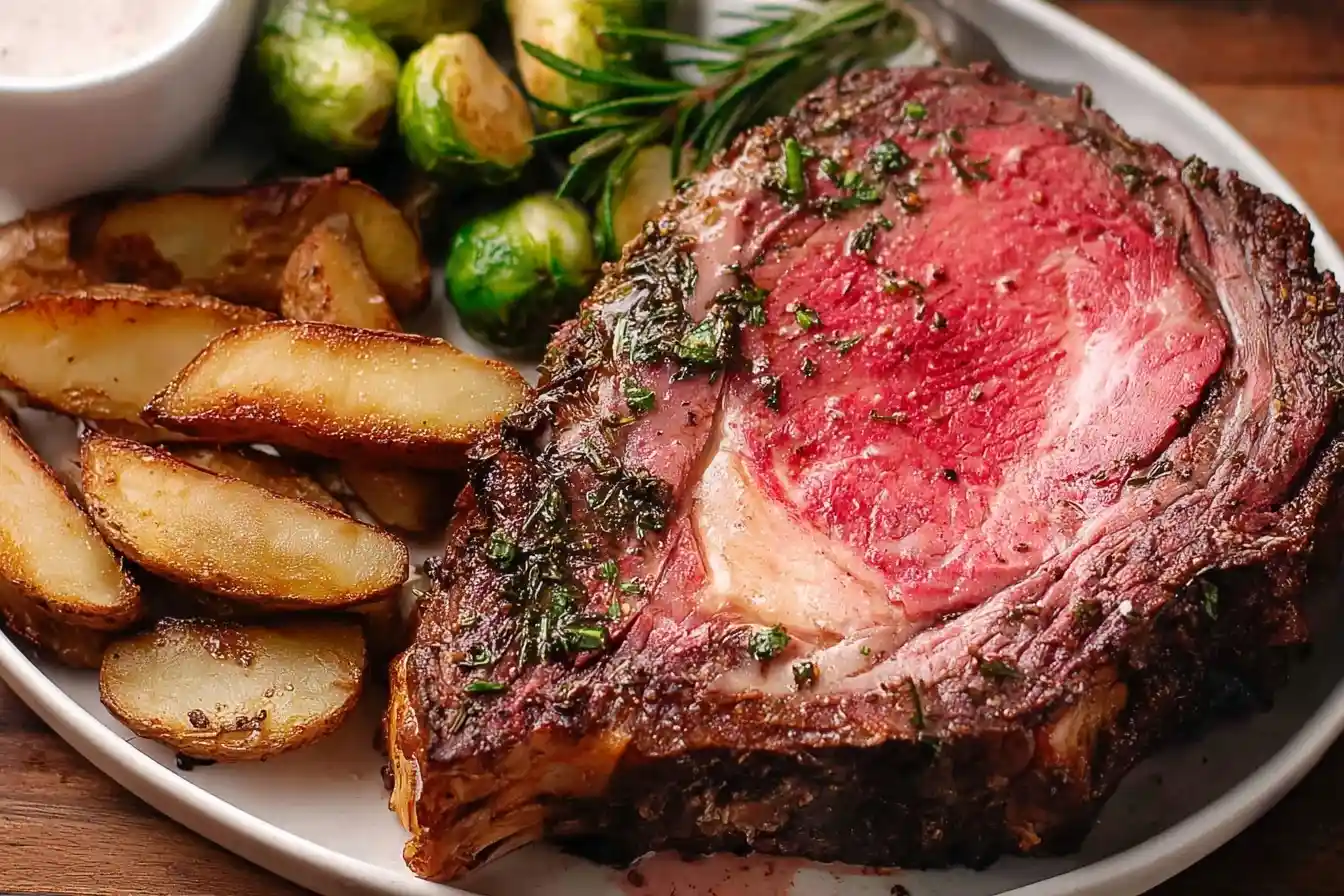A perfectly cooked slice of meat from a garlic herb prime rib recipe, served with roasted potatoes and brussels sprouts.