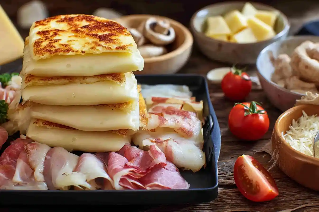 A rustic Grilled Cheese Platter featuring a stack of fried cheese, prosciutto, bacon, and fresh tomatoes on a wooden table.
