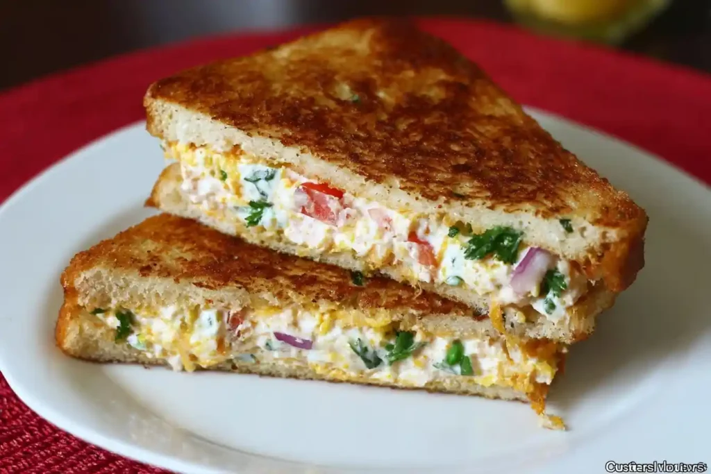 A toasted Yogurt Sandwich cut in half and stacked on a white plate, revealing a creamy vegetable filling.