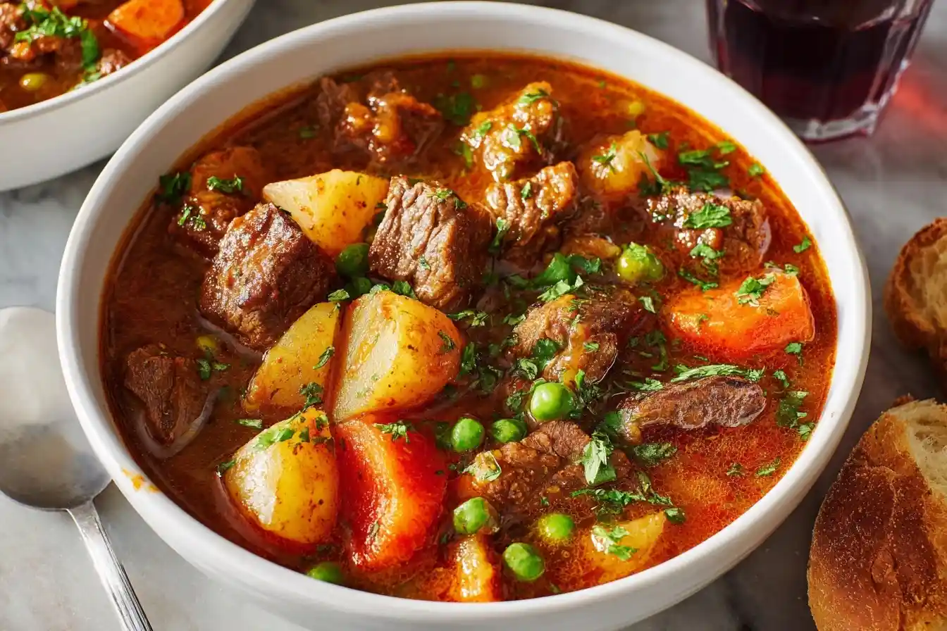 A white bowl filled with a hearty beef stew with chunks of beef, potatoes, carrots, and peas, garnished with fresh parsley.