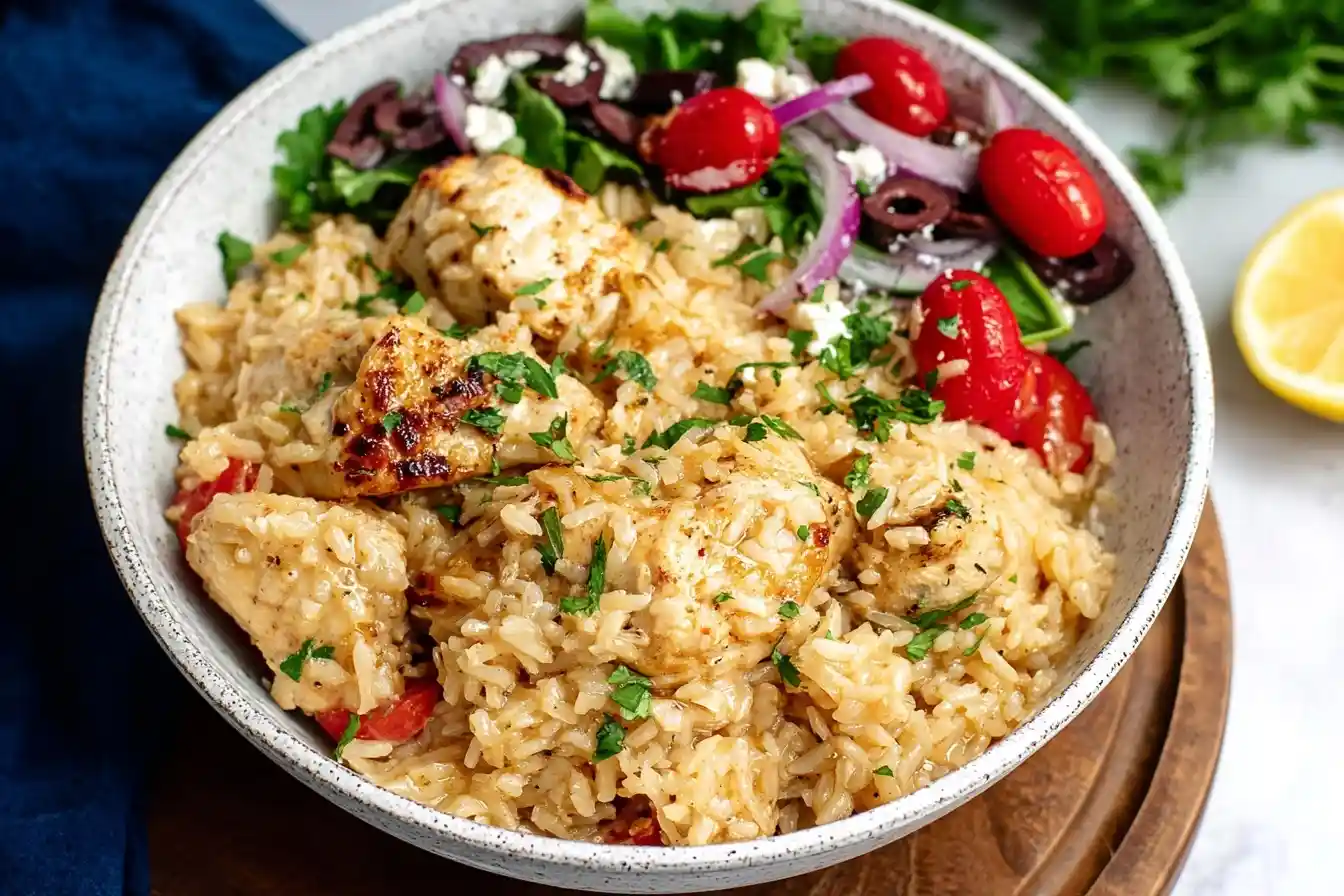 A close-up of a bowl filled with Greek Chicken and Rice, served with a side salad of tomatoes, olives, and feta cheese.
