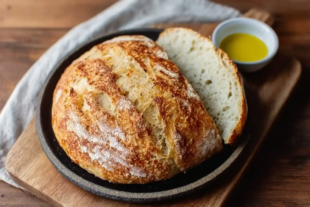A loaf of homemade crusty bread with a golden-brown exterior, sliced and served with olive oil on a wooden board.