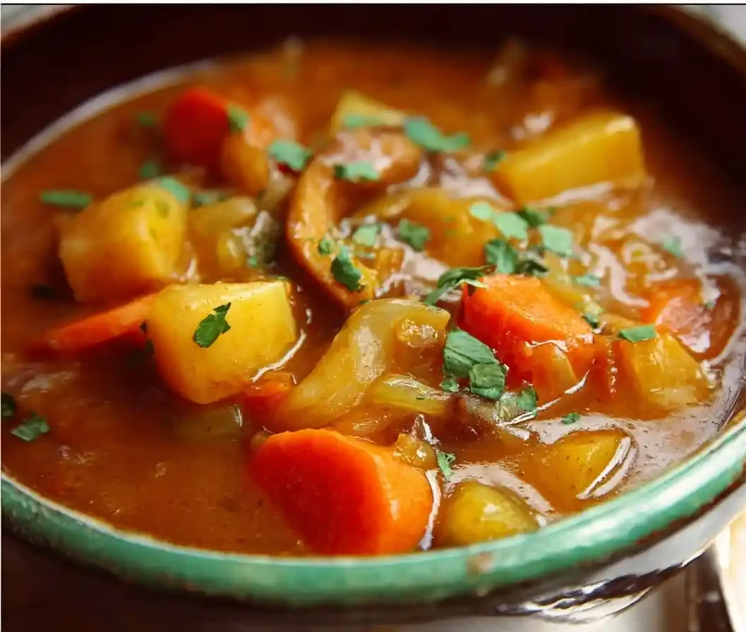 A rustic bowl of hearty Irish Vegan Stew filled with potatoes, carrots, and topped with fresh parsley.