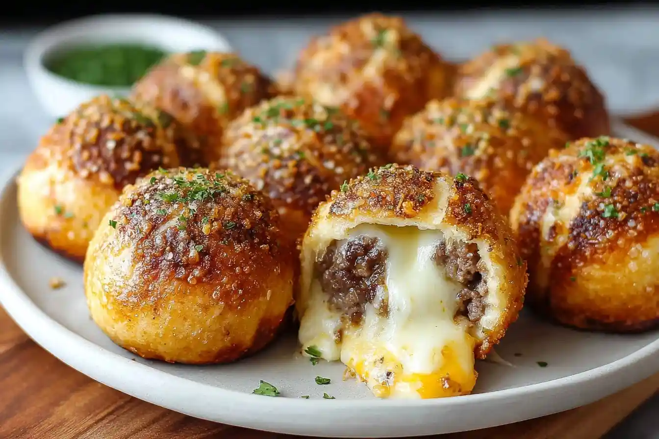 A plate of golden-baked cheeseburger bombs, with one cut open to reveal a gooey, melted cheese and ground beef filling.