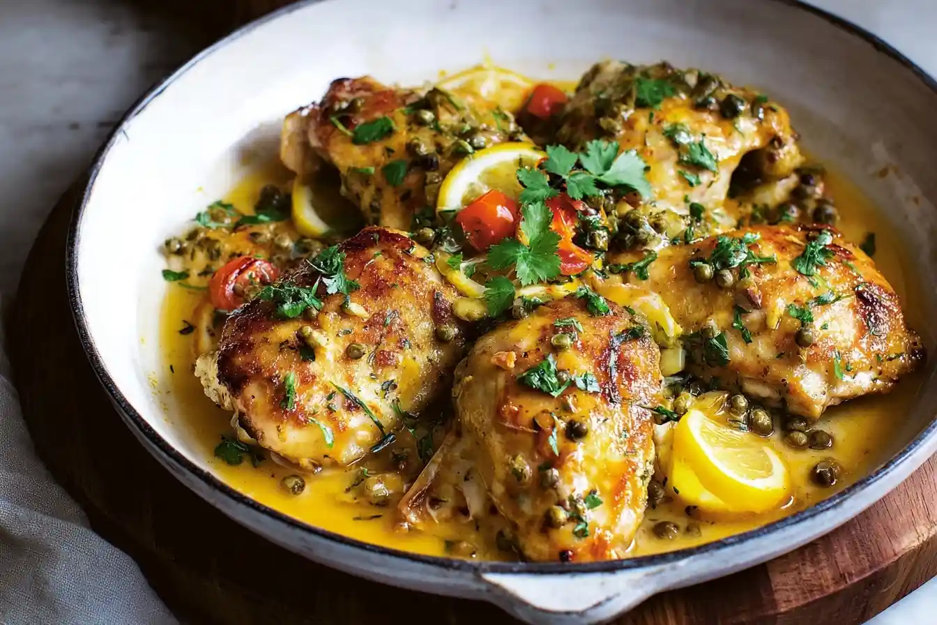 A rustic white skillet filled with savory Chicken Piccata, garnished with fresh parsley, capers, and lemon slices.