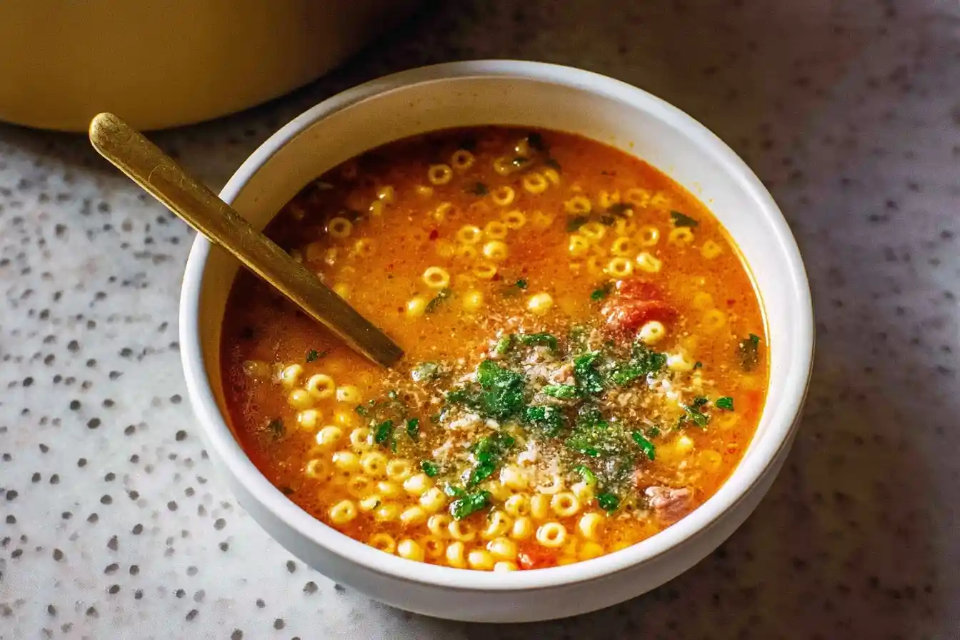 A white bowl of {{ $('Fetch Recipe Data').first().json["Main Keyword"] }} with a gold spoon, garnished with fresh herbs and grated cheese.