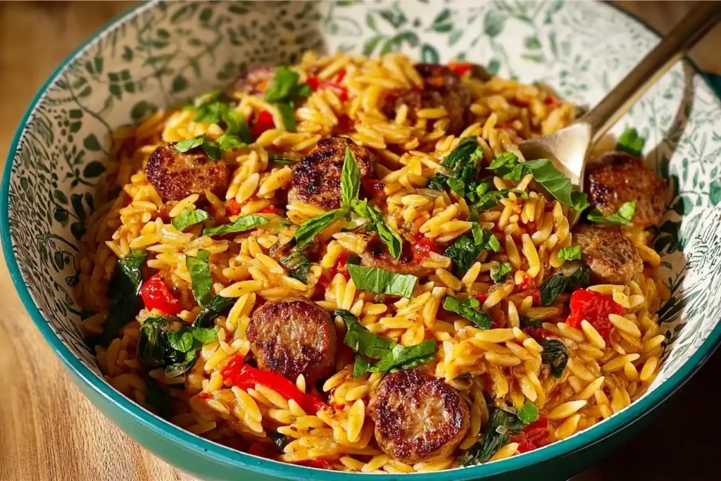A close-up of a decorative bowl filled with a delicious sausage and orzo dish, mixed with red peppers and fresh herbs.
