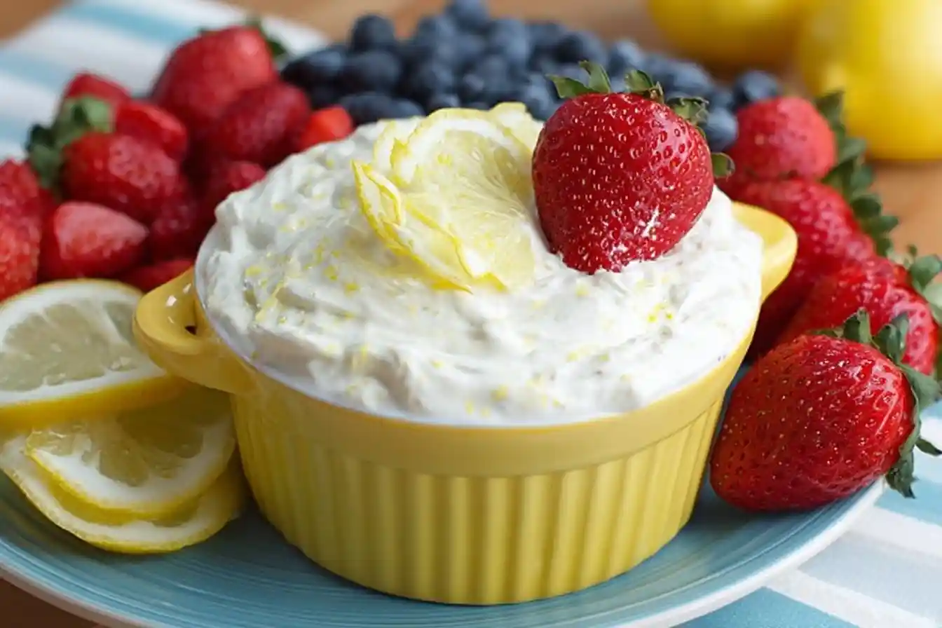 A yellow bowl of creamy {{ $('Fetch Recipe Data').first().json["Main Keyword"] }} is garnished with a strawberry and lemon, surrounded by fresh berries.