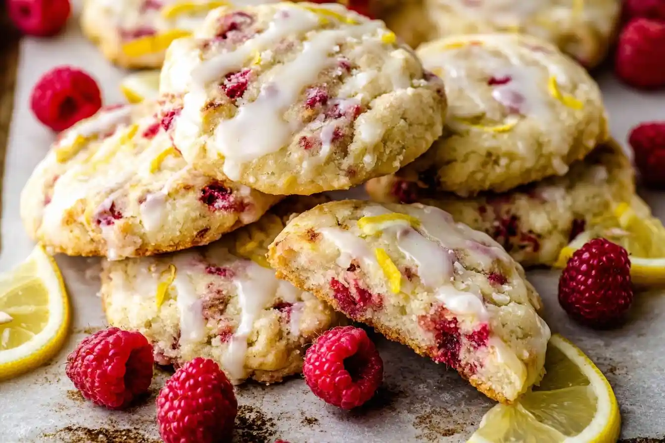 A close-up pile of soft-baked Lemon Raspberry Cookies with a sweet glaze, surrounded by fresh raspberries and lemon slices.