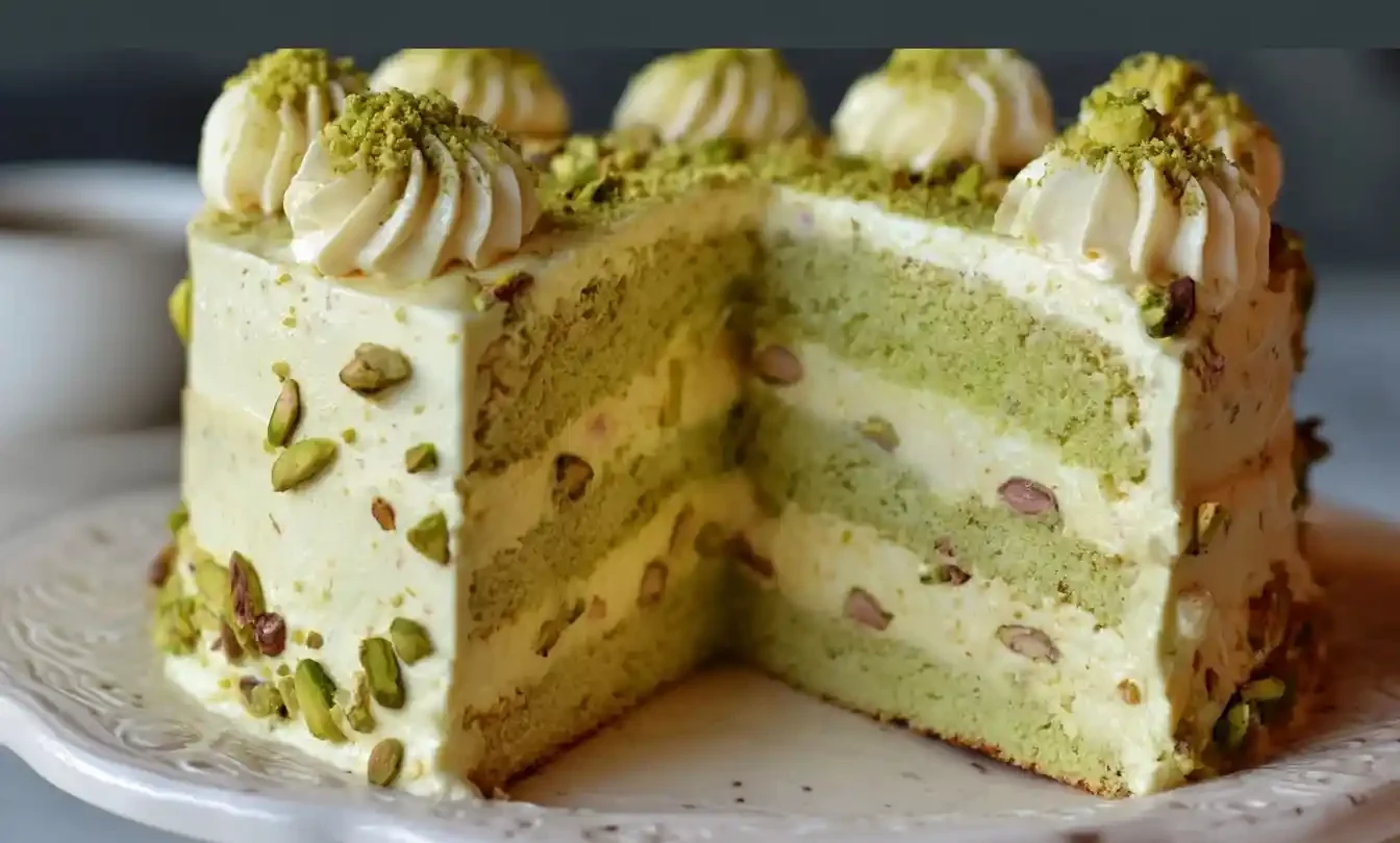 A delicious layered Pistachio Cake on a white cake stand, with a slice removed to show the green sponge and creamy filling.