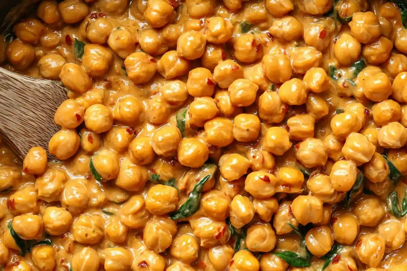 A close-up overhead shot of a creamy Chickpea Curry with spinach and chili flakes, with a wooden spoon stirring the dish.