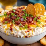 A delicious bowl of bacon cheddar ranch dip topped with crispy bacon and scallions, with crackers for dipping.