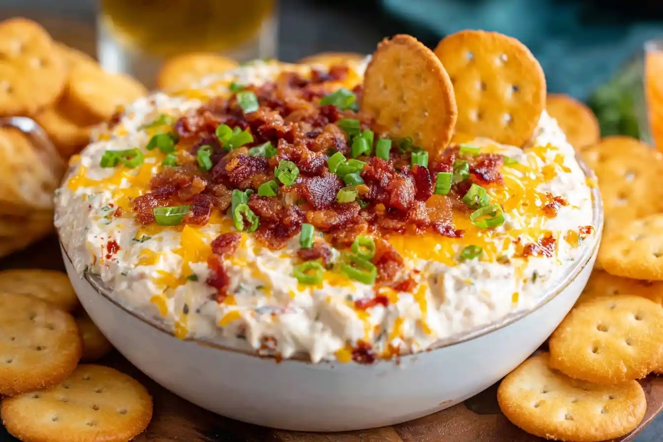 A delicious bowl of bacon cheddar ranch dip topped with crispy bacon and scallions, with crackers for dipping.