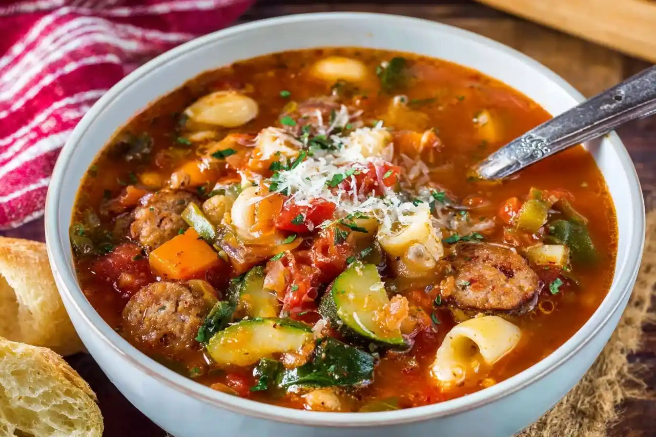 A hearty bowl of Italian Sausage Soup with pasta, zucchini, and beans, topped with fresh parmesan cheese and parsley.