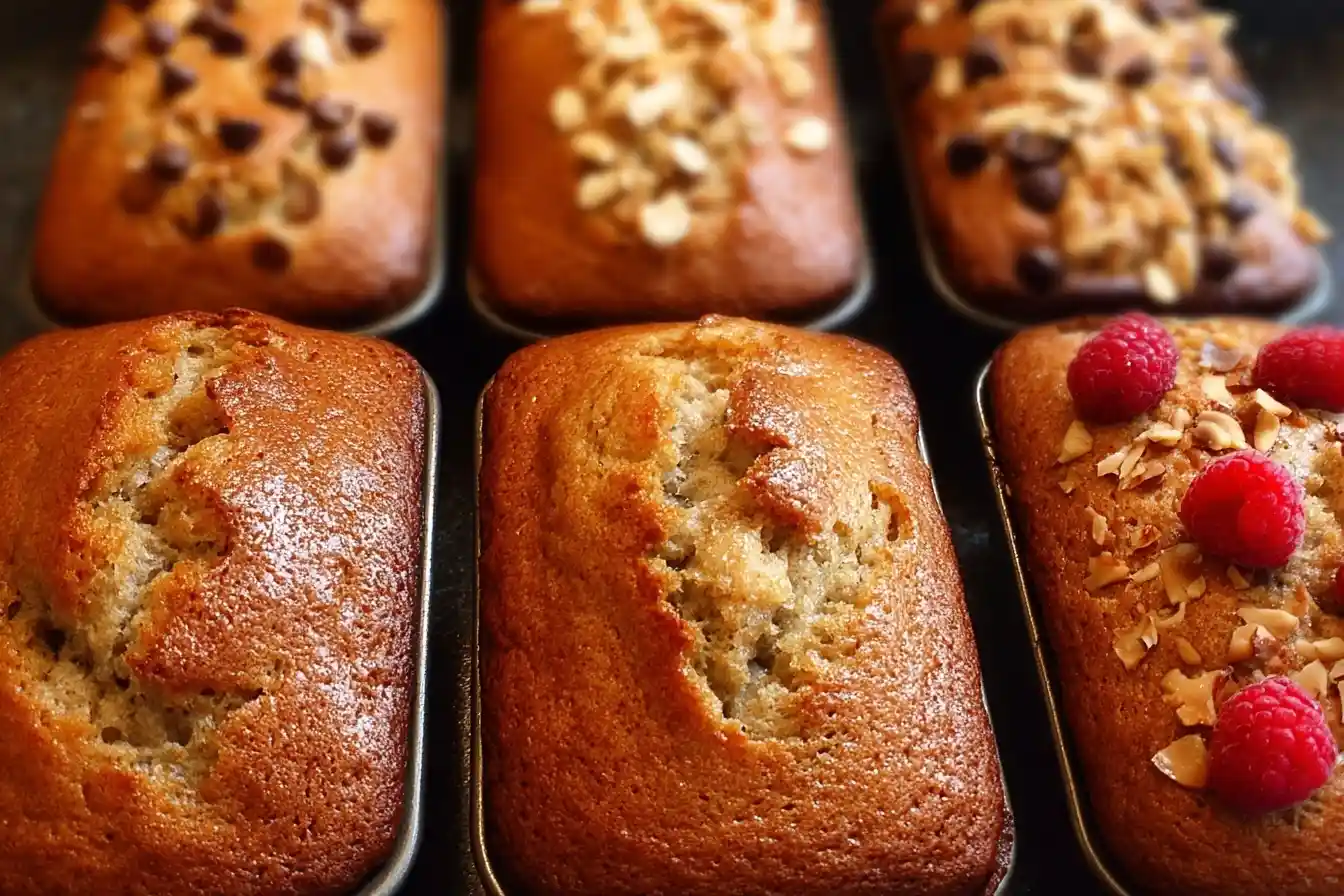 A close-up of six freshly baked mini banana bread loaves in a baking pan, some with toppings like chocolate chips and raspberries.