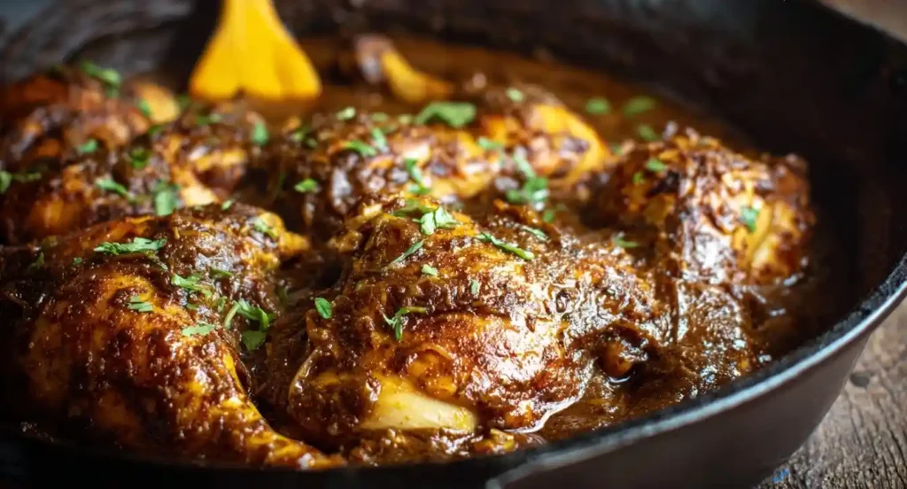A close-up of tender Missspot Chicken simmering in a rich, dark sauce in a cast iron skillet, garnished with fresh herbs.