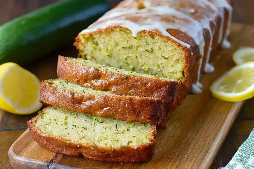 A loaf of lemon zucchini bread with a sweet glaze, sliced on a wooden board next to a fresh lemon and zucchini.