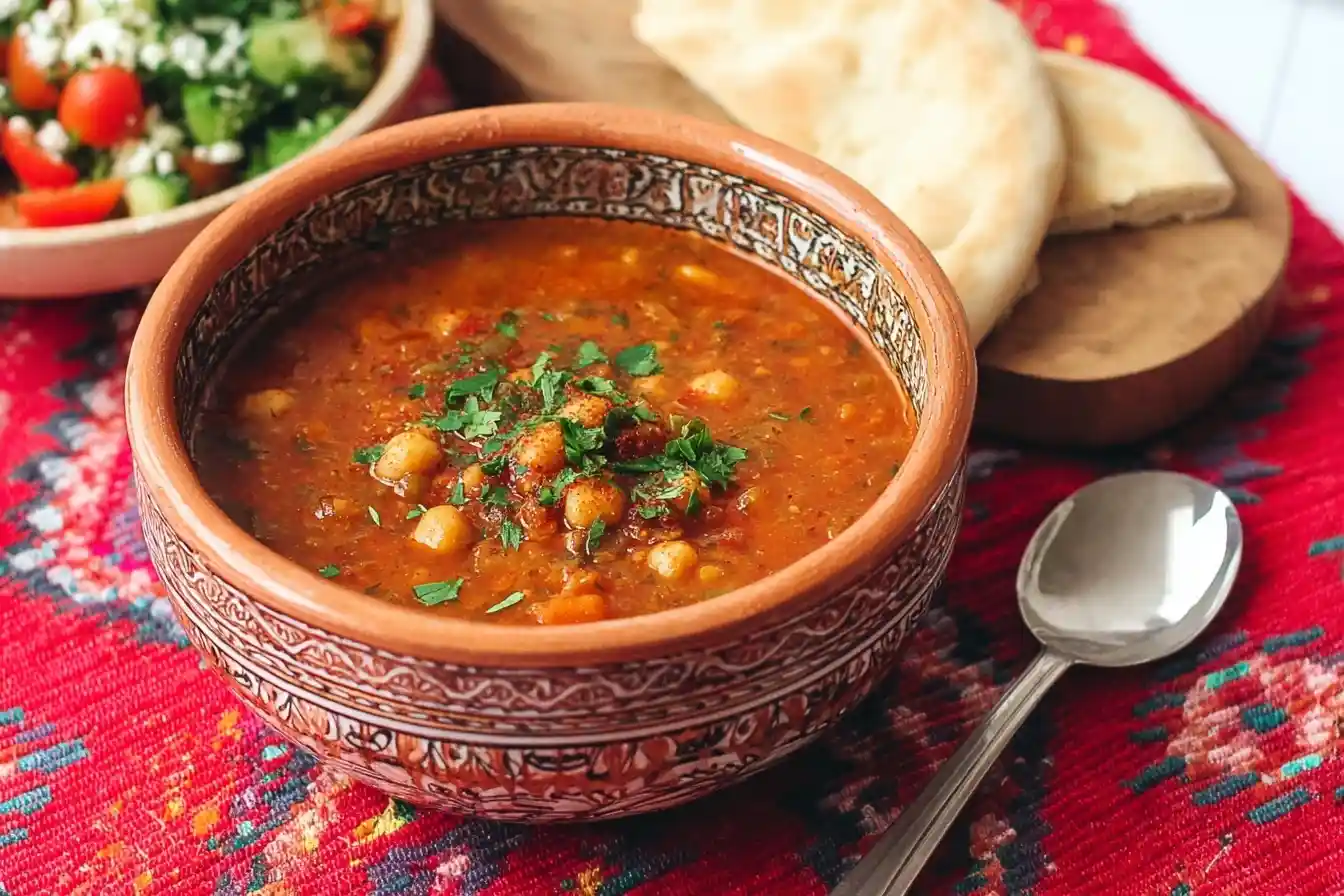 A rustic terracotta bowl of hearty Moroccan Harira Soup with chickpeas and herbs, served with fresh flatbread and a side salad.