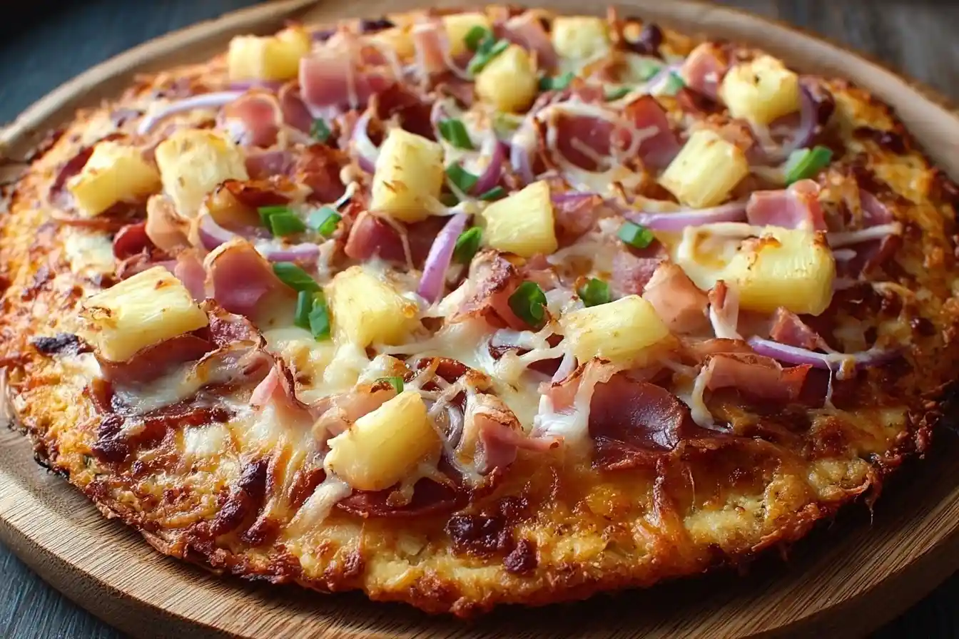 A freshly baked Cauliflower Crust Hawaiian Pizza on a wooden board, topped with pineapple, ham, cheese, and red onion.
