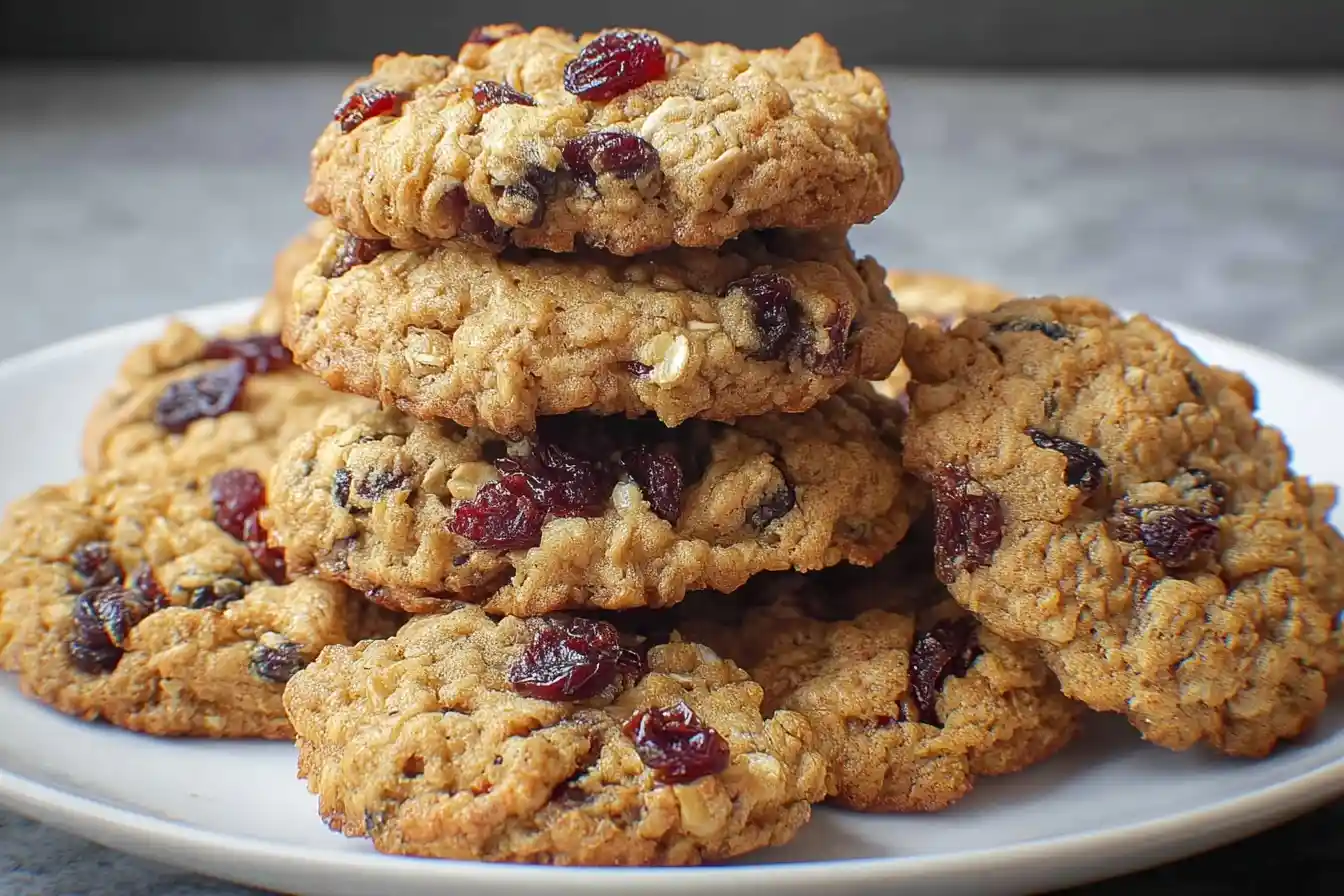 A stack of soft and chewy Oatmeal Cranberry Cookies filled with oats and dried cranberries, served on a white plate.