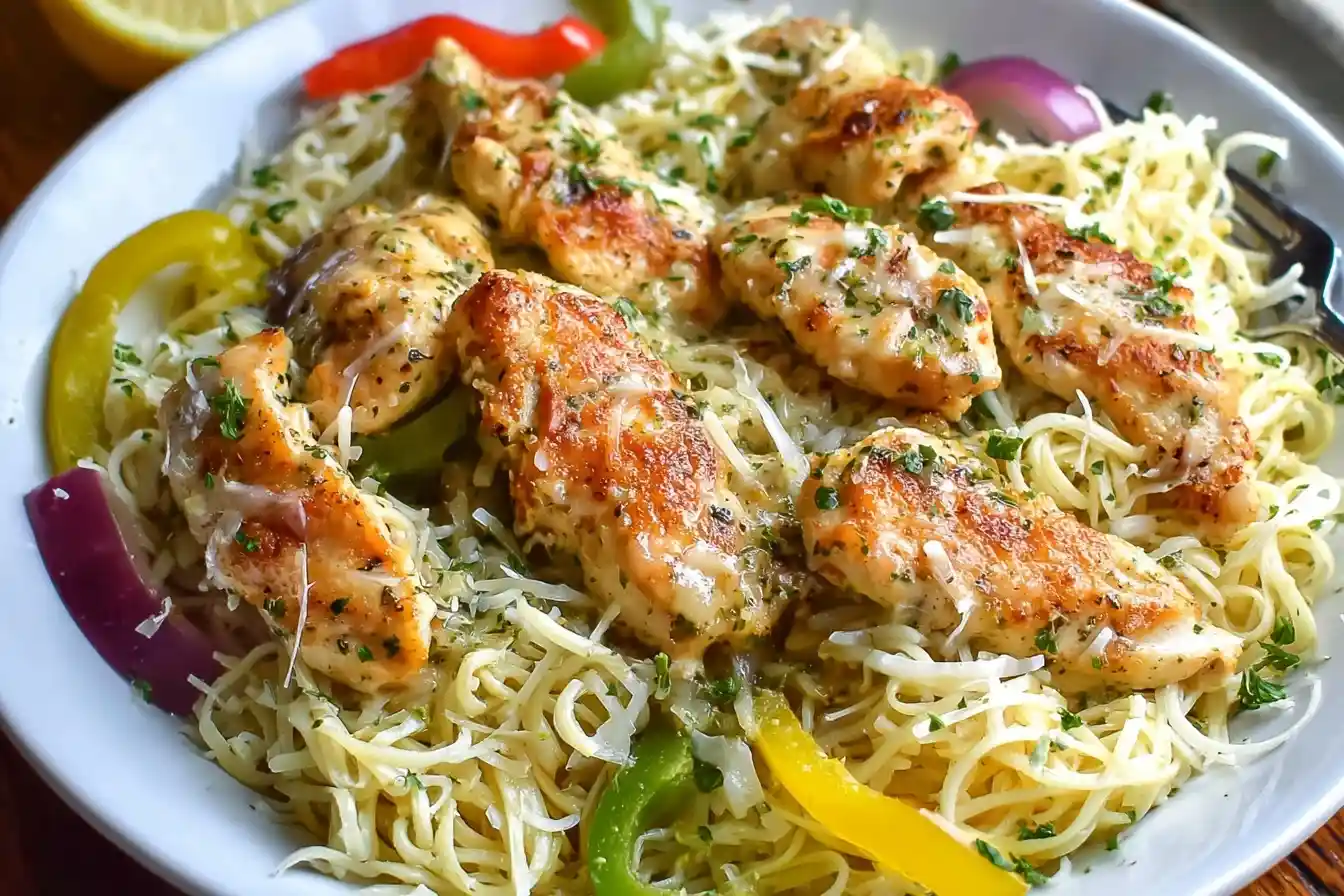 A white bowl of Lemon Chicken Pasta topped with golden-brown chicken pieces, shredded parmesan, and colorful bell peppers.