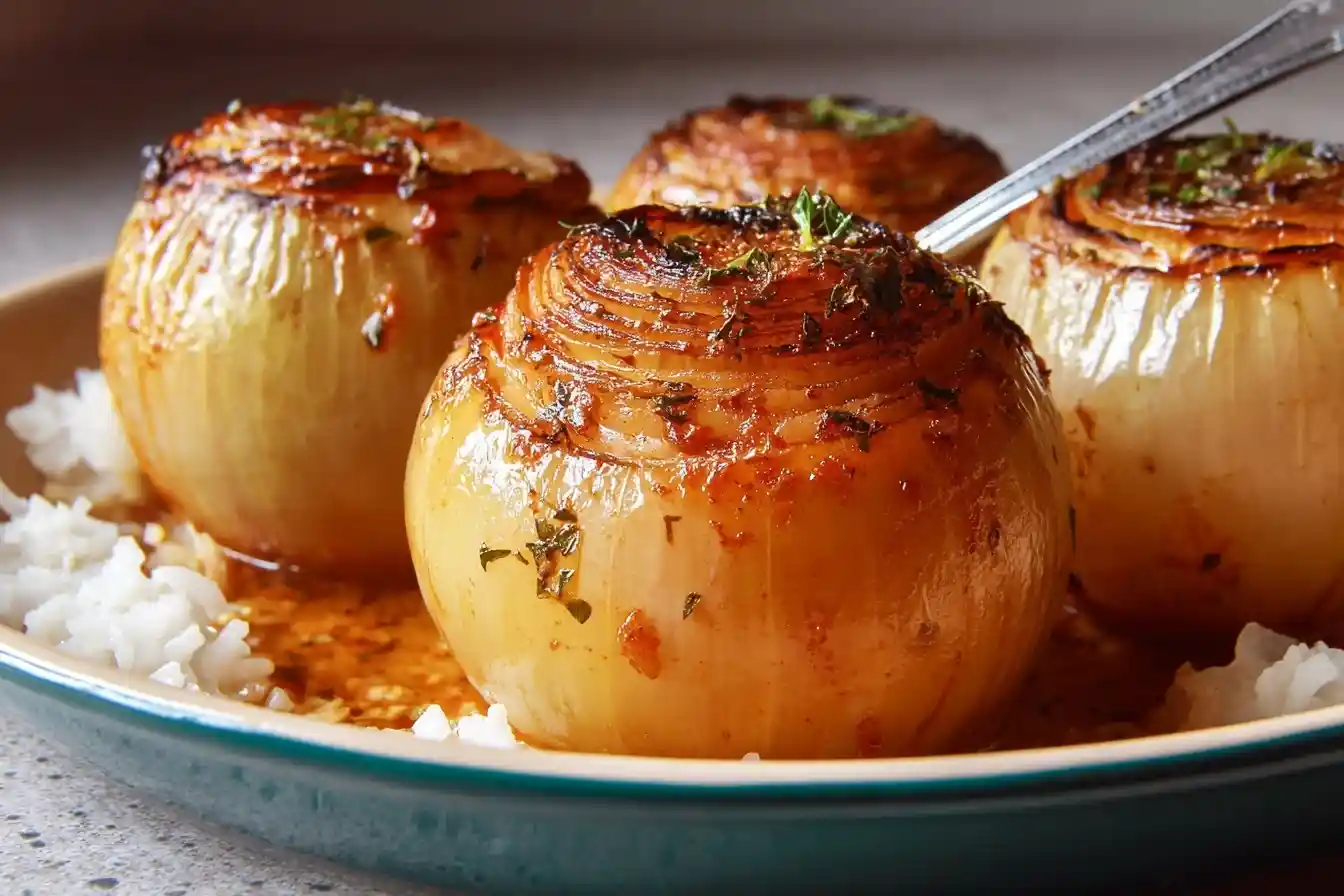 A close-up shot of four tender roasted whole onions, glistening with herbs and sauce, served on a bed of white rice.