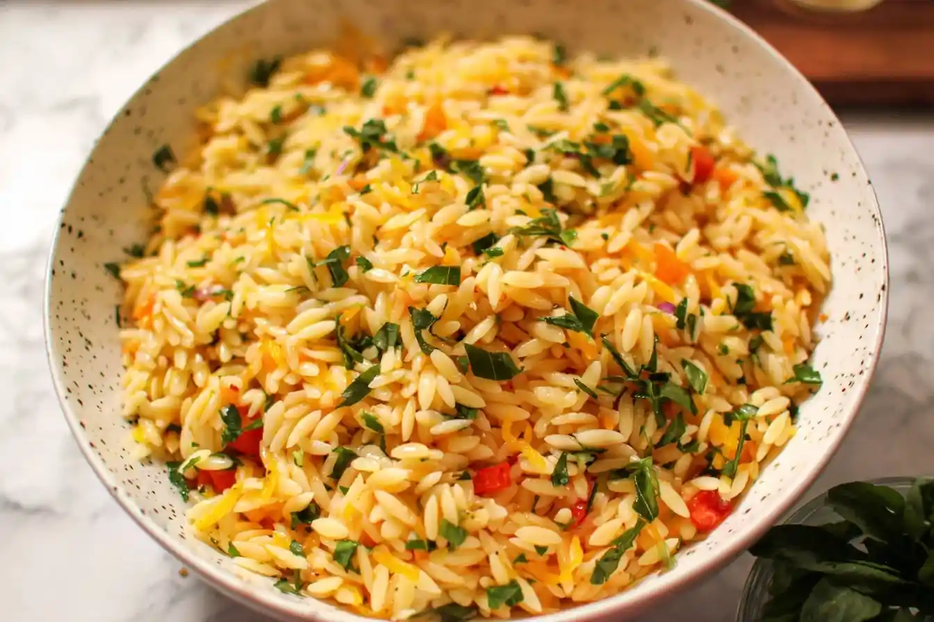 A close-up of a vibrant orzo pasta salad in a large speckled bowl, tossed with fresh herbs and colorful diced vegetables.