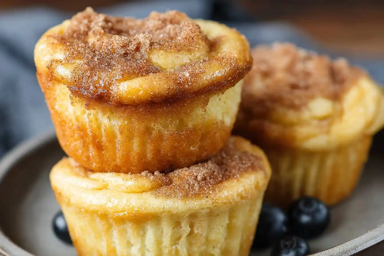 A close-up shot of freshly baked cinnamon roll muffins stacked on a plate, topped with a delicious cinnamon sugar swirl.