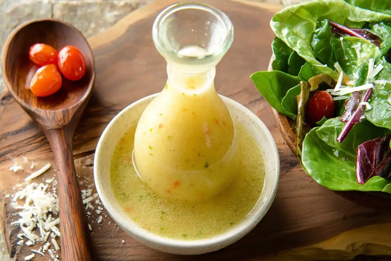 A glass cruet of homemade Italian Salad Dressing is ready to be served over a fresh green salad with tomatoes and Parmesan.