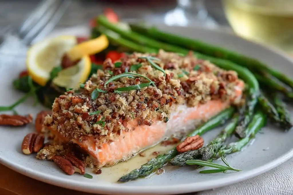 A close-up of a plated pecan crusted salmon fillet served with roasted asparagus, whole pecans, and lemon wedges.
