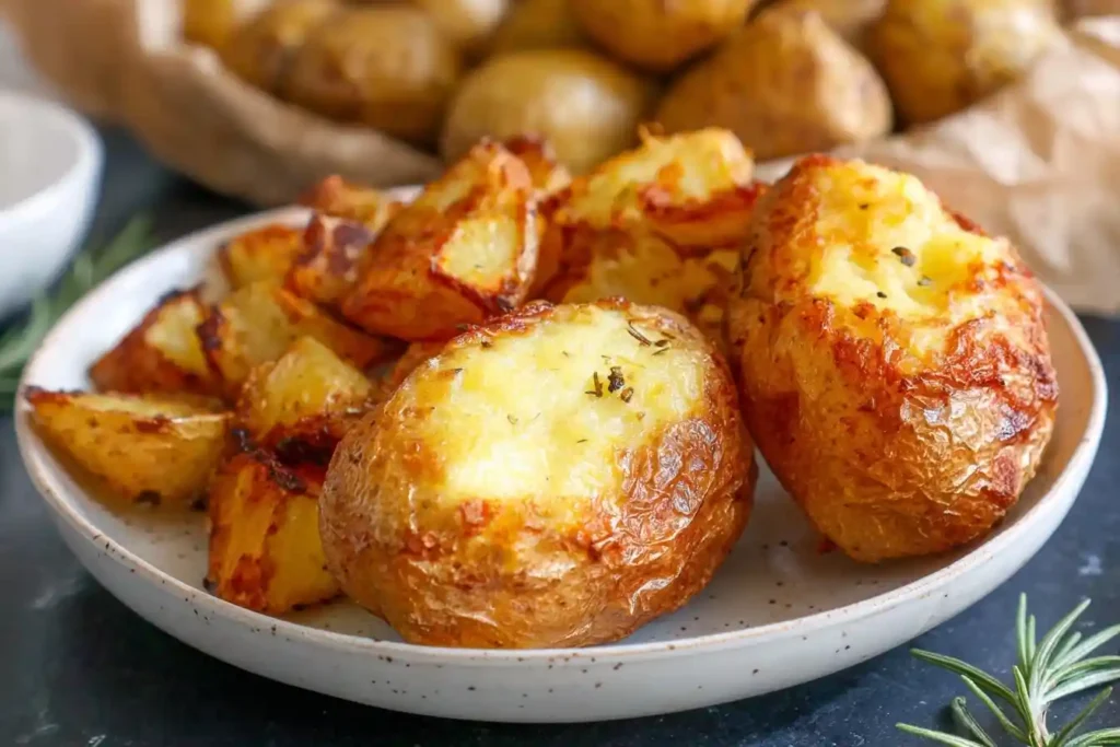A close-up of golden brown Melting Potatoes served on a speckled ceramic plate with a sprig of fresh rosemary.