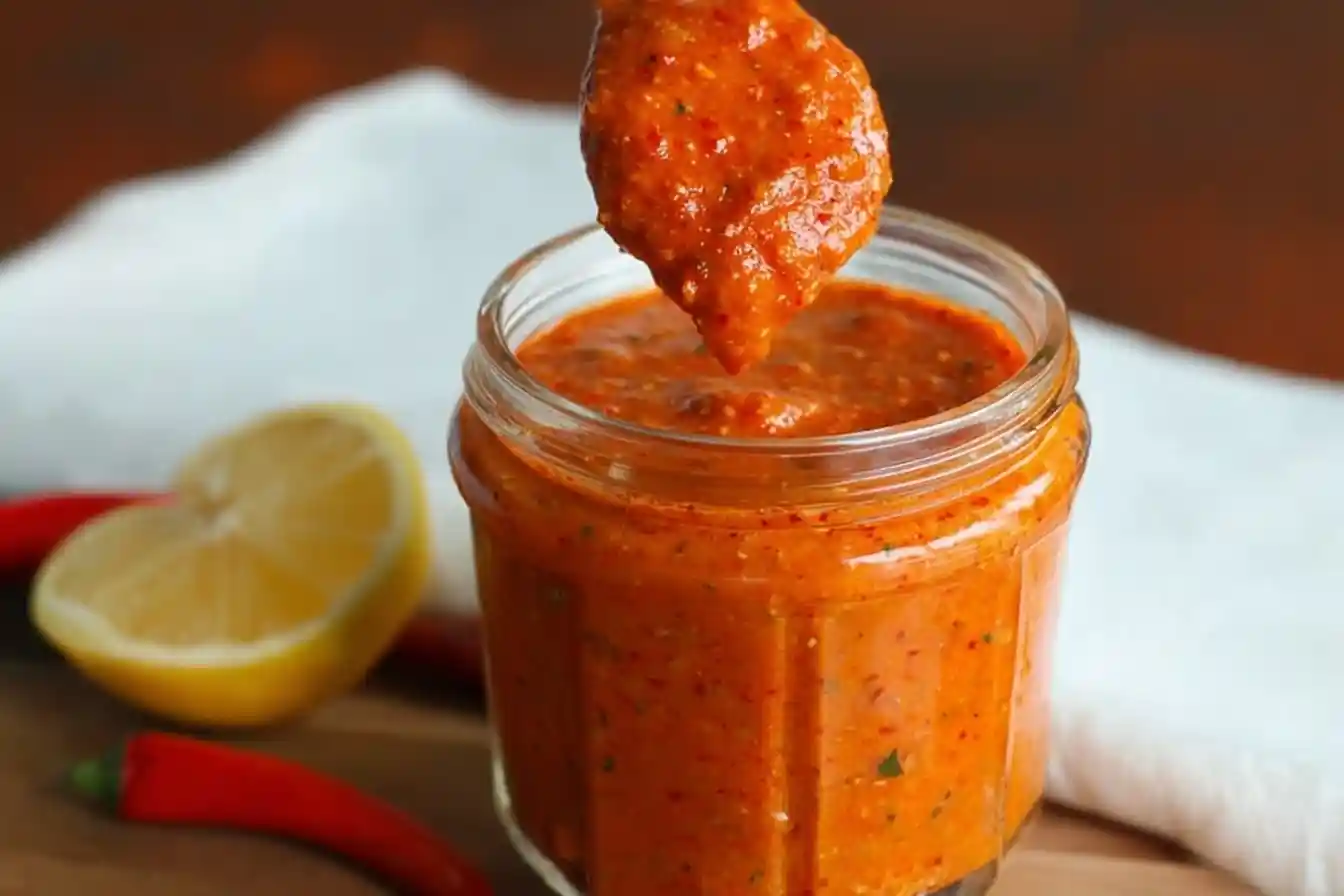 A spoon lifting homemade {{ $('Fetch Recipe Data').first().json["Main Keyword"] }} from a glass jar, with fresh red chilies and a lemon nearby.