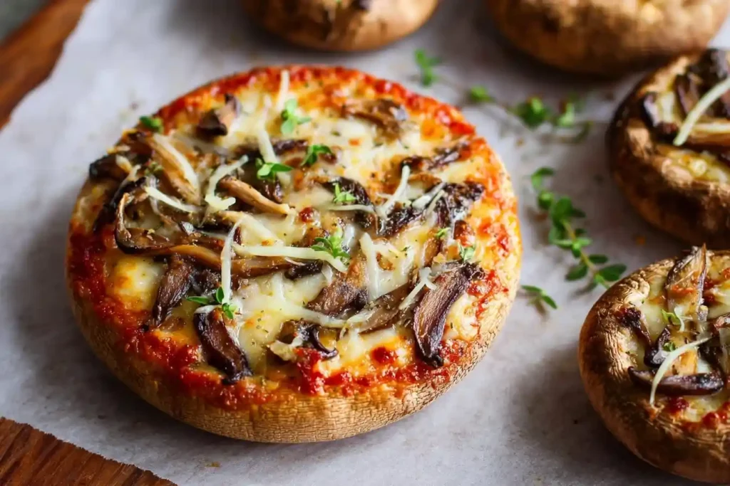 A close-up of a portobello mushroom pizza topped with melted cheese, sautéed mushrooms, and fresh thyme on parchment paper.