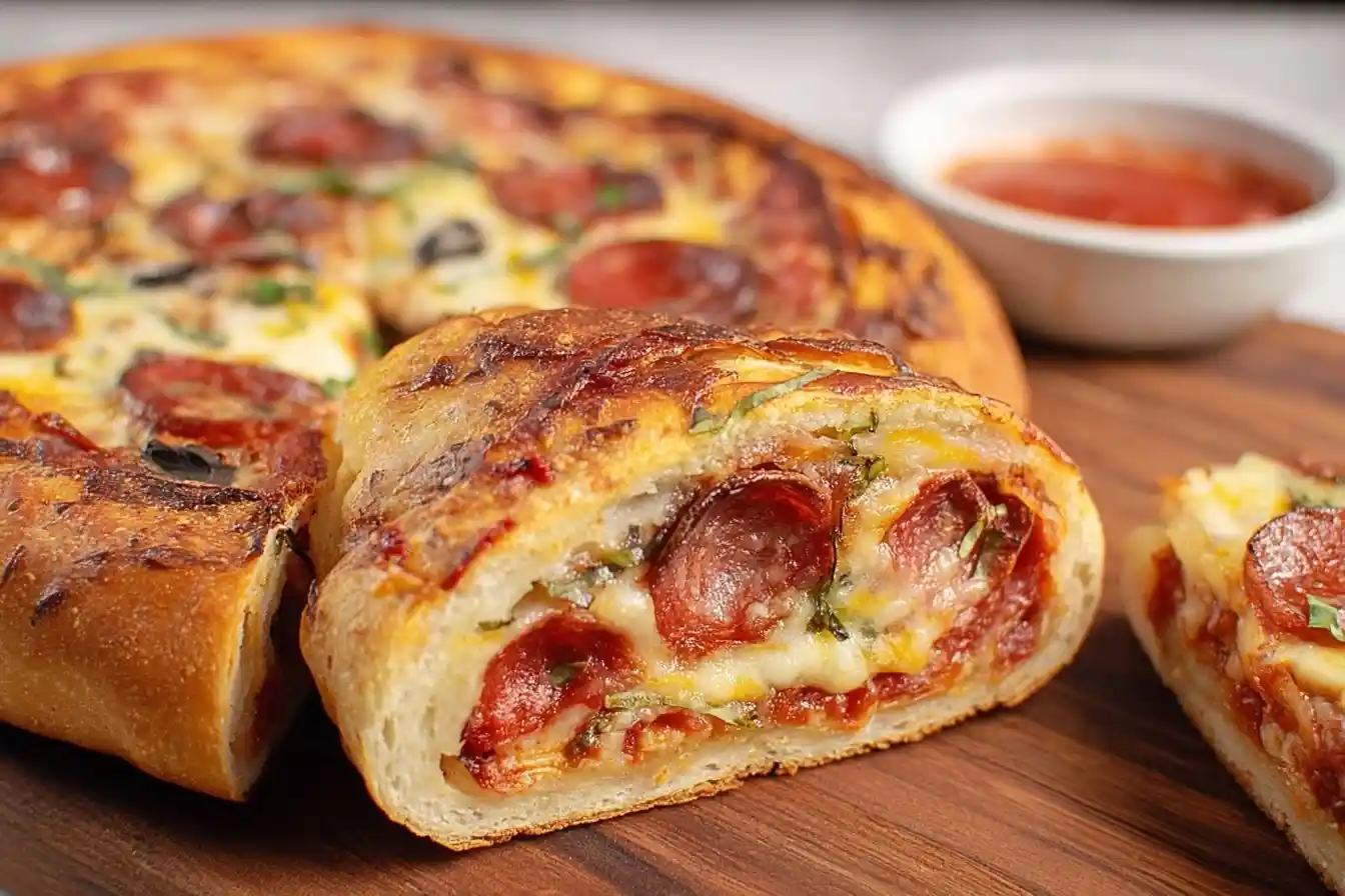 A sliced pepperoni stromboli on a wooden cutting board, revealing layers of melted cheese and savory pepperoni inside.