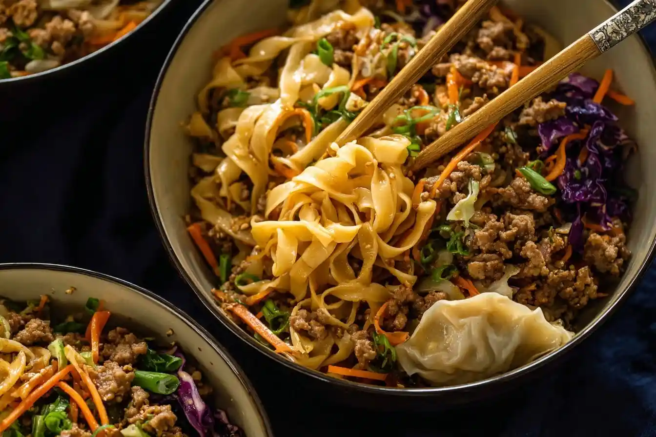A close-up shot of a delicious egg roll in a bowl with noodles and chopsticks lifting a bite from the bowl.