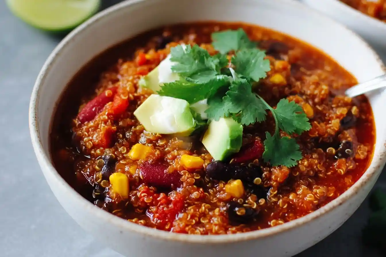A close-up of a hearty bowl of quinoa chili topped with fresh avocado, cilantro, and a dollop of sour cream.