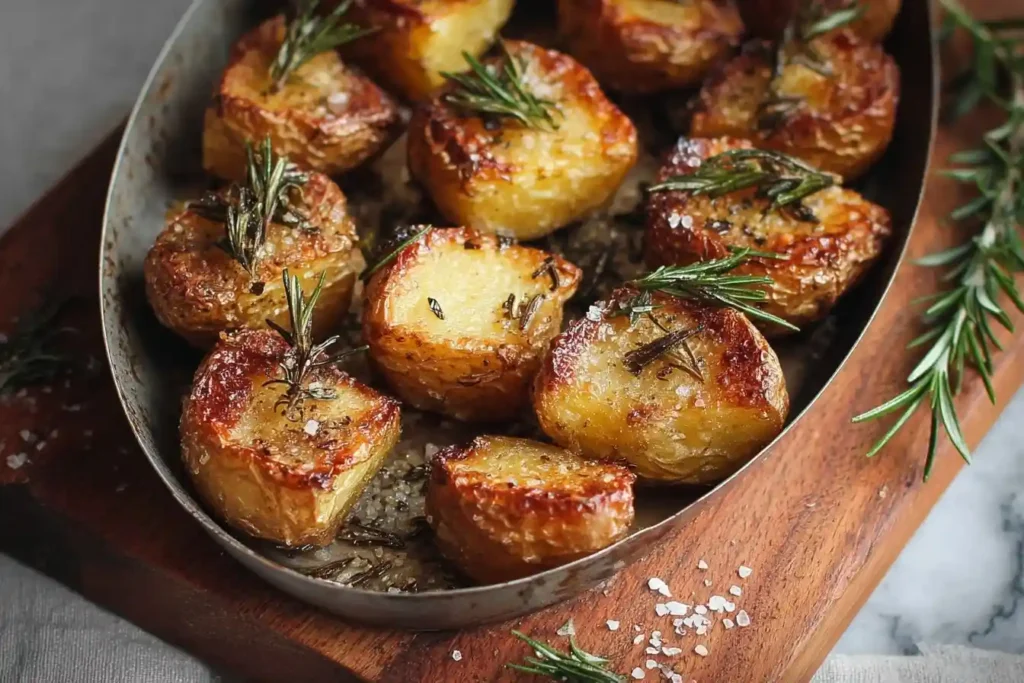 A rustic metal pan filled with golden-brown crispy roasted potatoes, garnished with fresh rosemary sprigs and coarse sea salt.