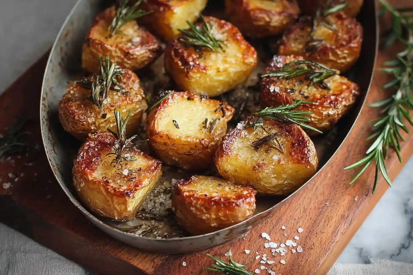A rustic metal pan filled with golden-brown crispy roasted potatoes, garnished with fresh rosemary sprigs and coarse sea salt.
