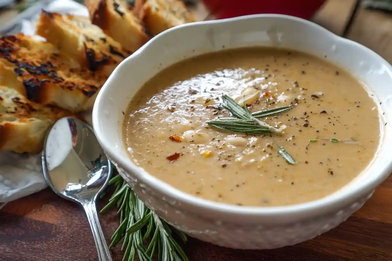 A white bowl of {{ $('Fetch Recipe Data').first().json["Main Keyword"] }} garnished with fresh rosemary and pepper, served with toasted bread on the side.