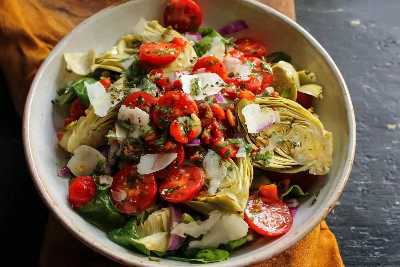 A close-up of a vibrant Artichoke Salad in a ceramic bowl, topped with cherry tomatoes, shaved parmesan, and red onion.