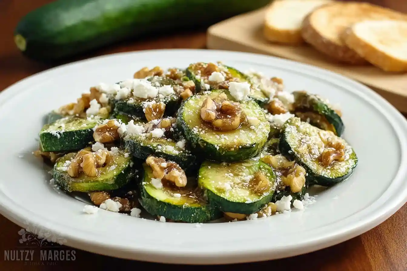 A white plate of sautéed zucchini topped with crunchy walnuts and crumbled feta cheese, ready to be served.