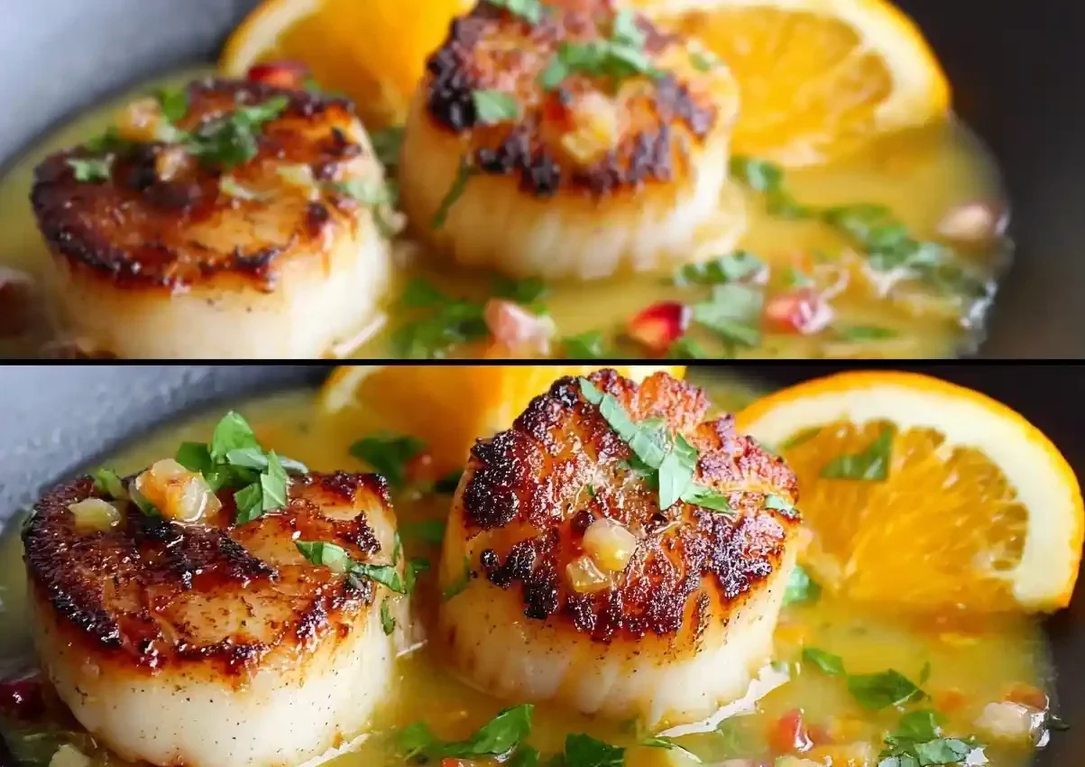 A close-up of perfectly pan seared scallops in a vibrant orange citrus sauce, garnished with fresh herbs.