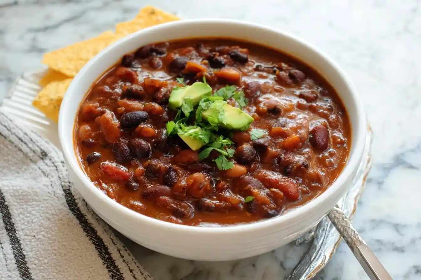 A white bowl filled with a hearty vegetarian chili recipe, topped with fresh avocado and cilantro and served with tortilla chips.