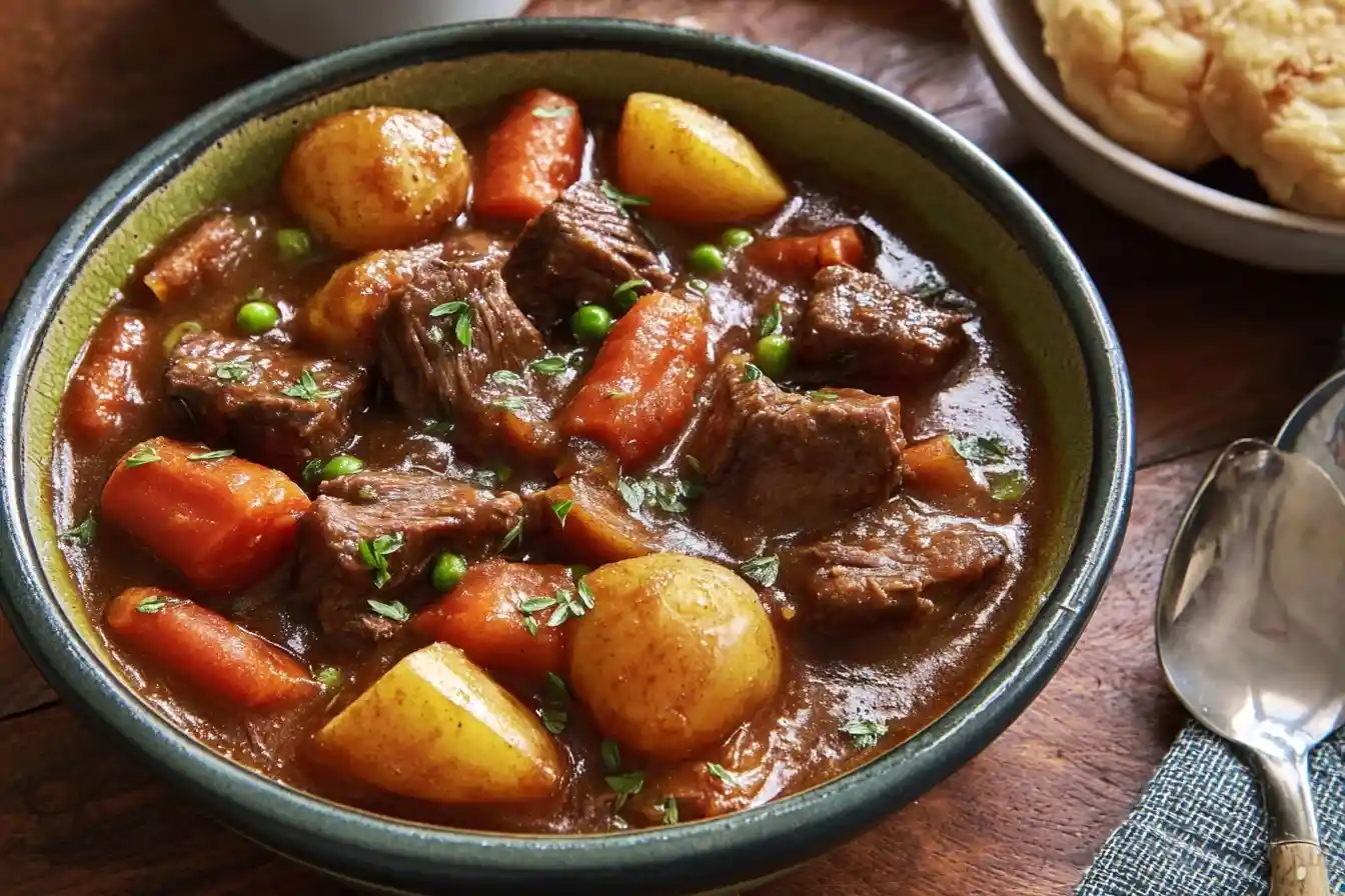 A close-up shot of a rustic bowl filled with hearty beef stew, featuring tender beef, potatoes, and carrots in a rich gravy.