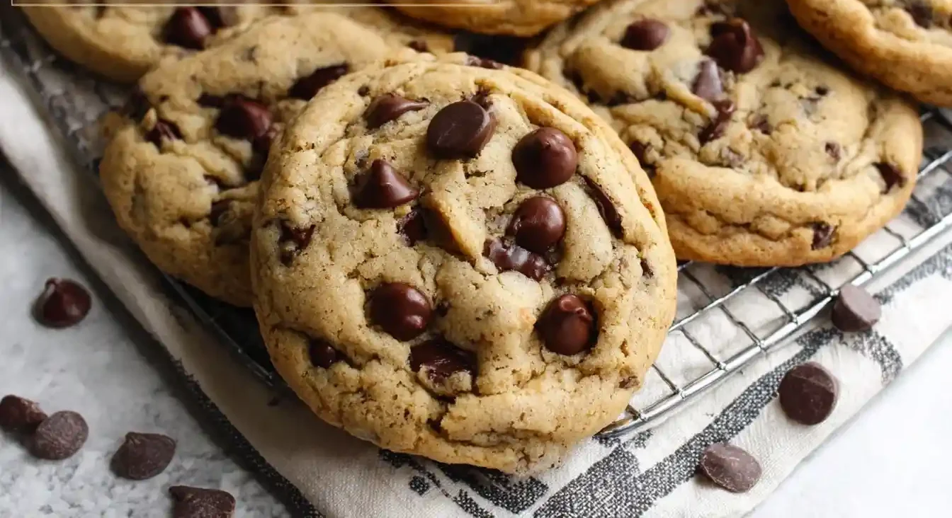 A close-up of soft and Chewy Chocolate Chip Cookies resting on a wire cooling rack with chocolate chips scattered around.